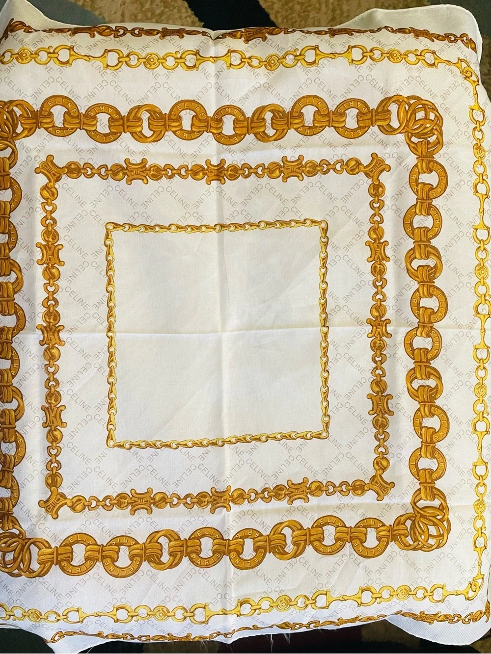 Celine White & Gold Chain Motif Silk Scarf